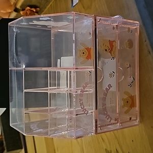 NWT 2 PC Plastic Pink Lucky Bear Pooh Make up desk top organizer
